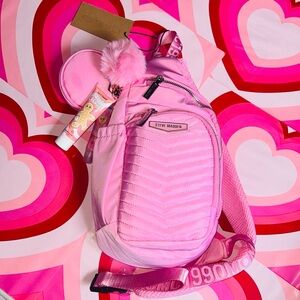 🆕 Steve Madden Quilted Sling Backpack Pink With Mini Pouch & Charm NWT 🎒